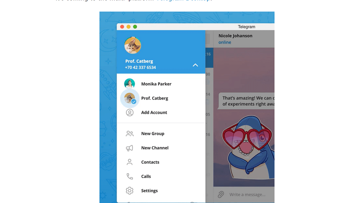 Telegram lets you stay signed in on 3 accounts from different phone numbers without logging out. Credit: Telegram