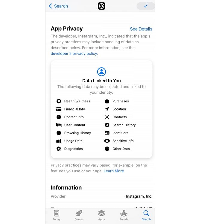 Threads app privacy chart on Apple App Store (Screengrab)