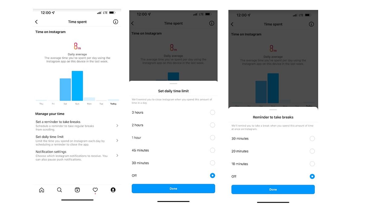 Daily time limit and Reminder features on Instagram. Credit: DH Photo/KVN Rohit