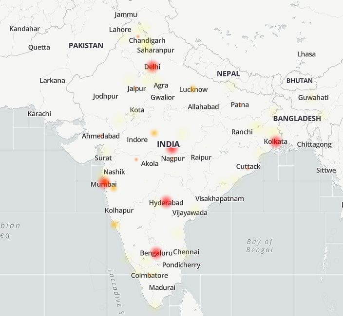 Twitter service outage reported in major Indian cities. Credit: DownDetector