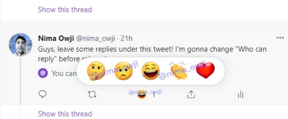 New emoji reactions coming soon to Twitter. Credit: Nima Owji/Twitter