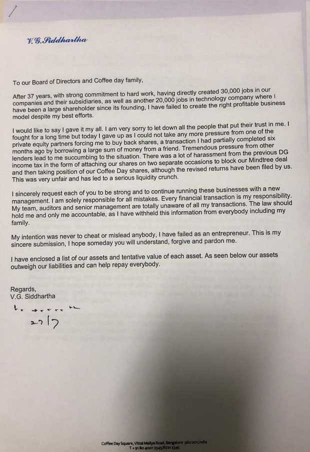 The letter Siddhartha purportedly wrote toCCD board members and employees