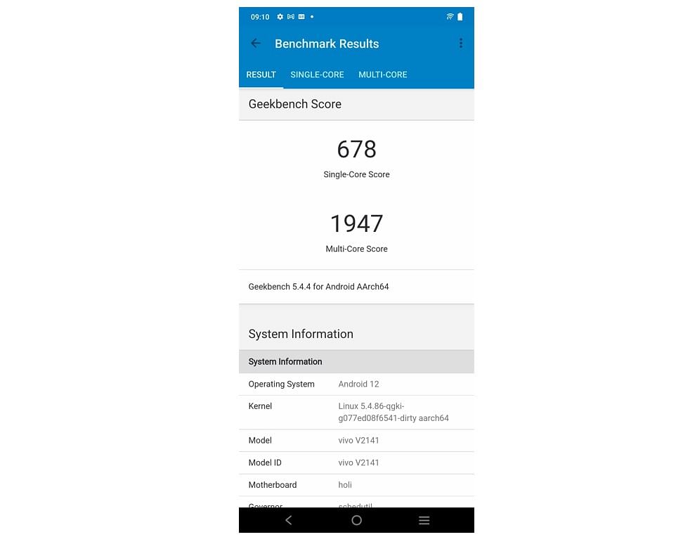 Vivo T1 5G's single-core and multi-core tests' score on Geekbench 5.0 performance testing app.
