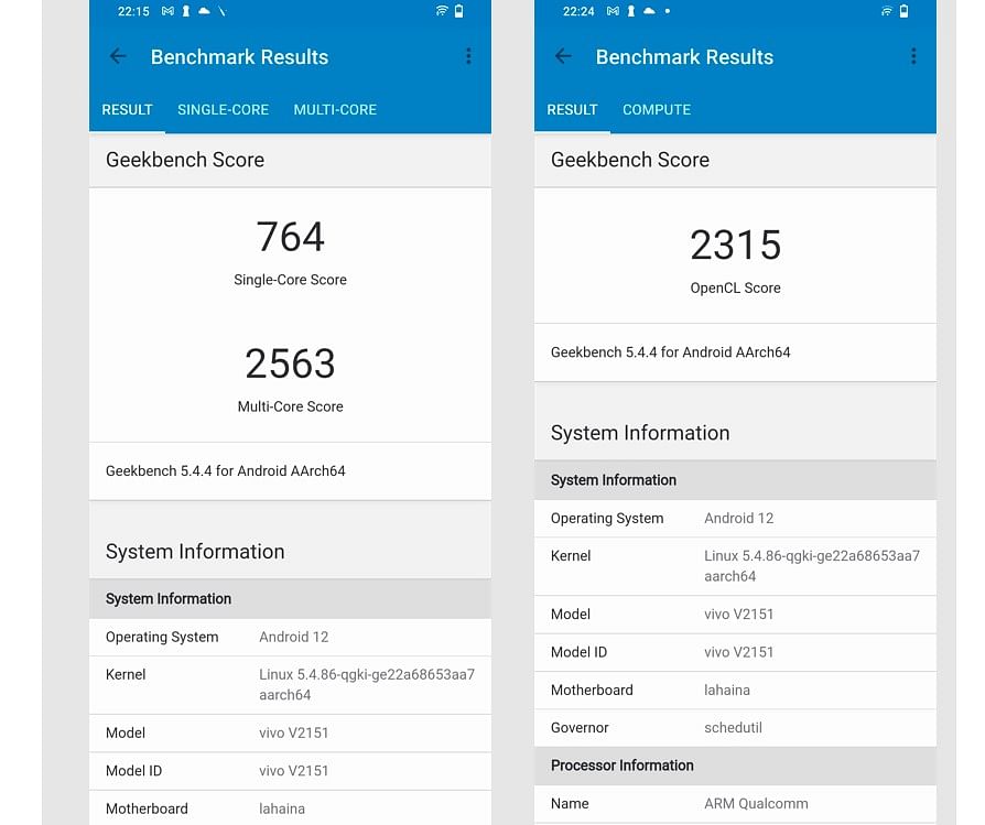 Vivo T1 Pro 5G's performance score on Geekbench 5.0 app.
