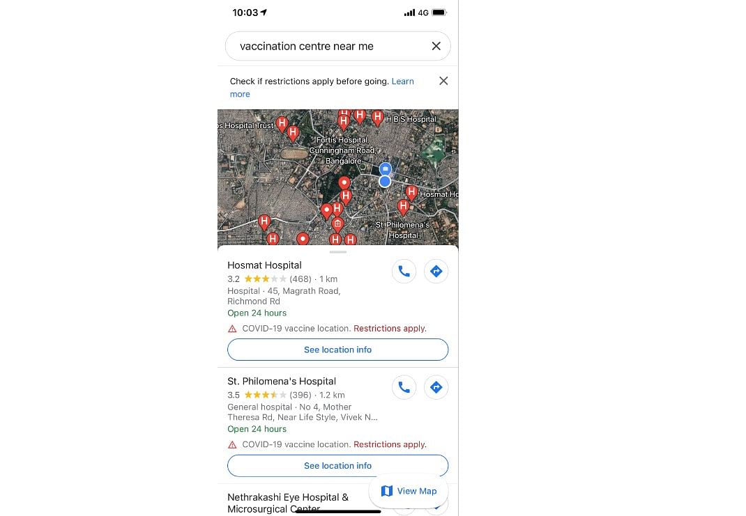 Vaccination centres near me on Google Maps. Credit: DH Photo/KVN Rohit