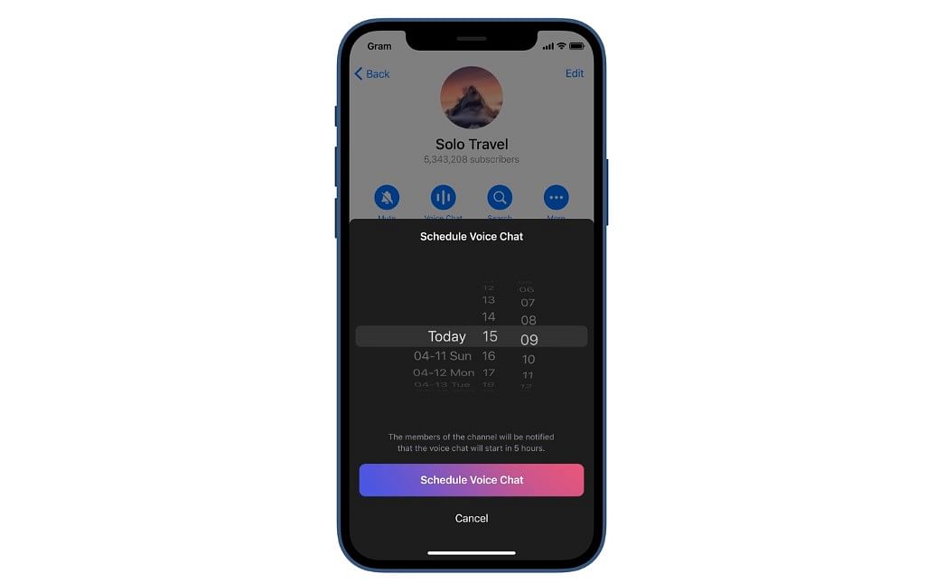 Group admins can now schedule voice chatroom sessions on Telegram Messenger app. Credit: Telegram