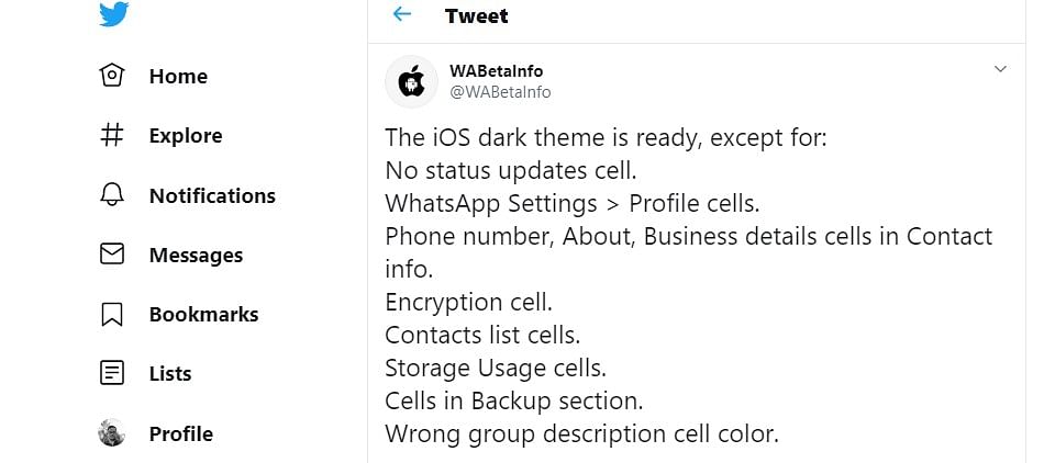 WhatsApp for iOS to get dark mode soon (Picture Credit: WABetaInfo/Twitter)