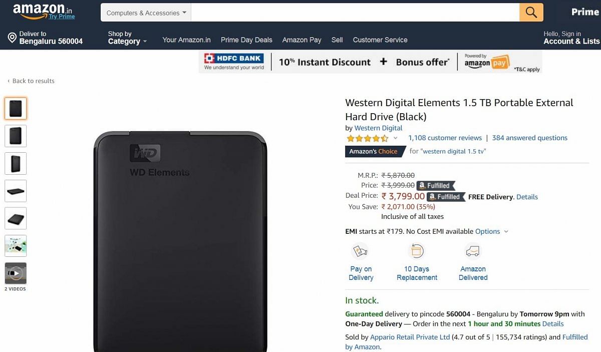WD Elements hard drive on Amazon India (screen-shot)