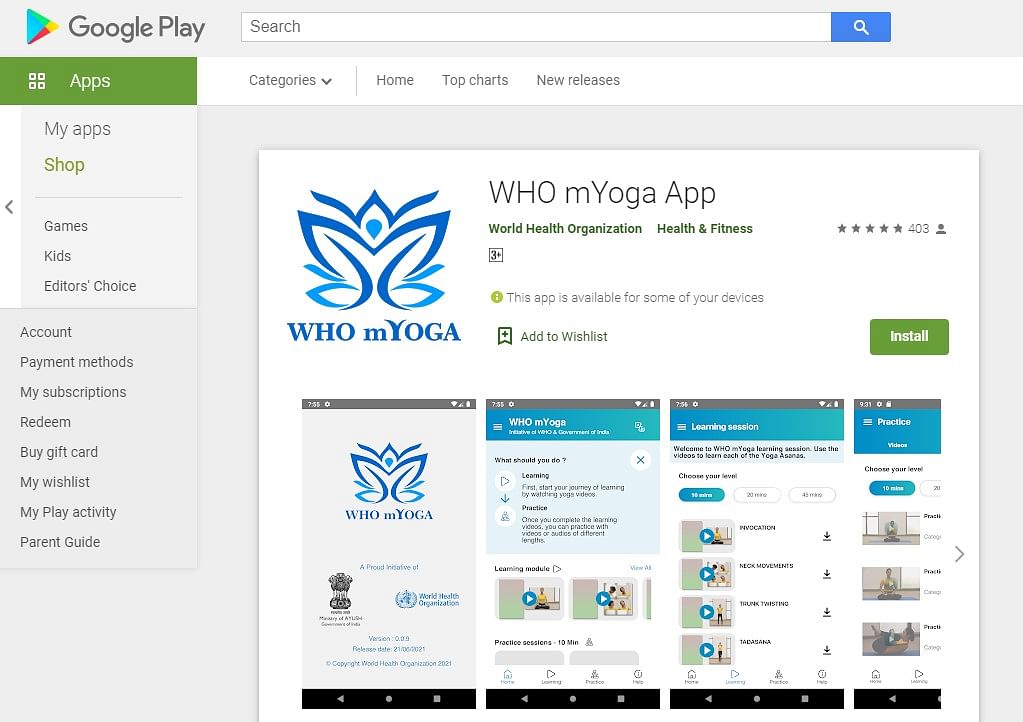 WHO mYoga App on Google Play Store (screen-grab)