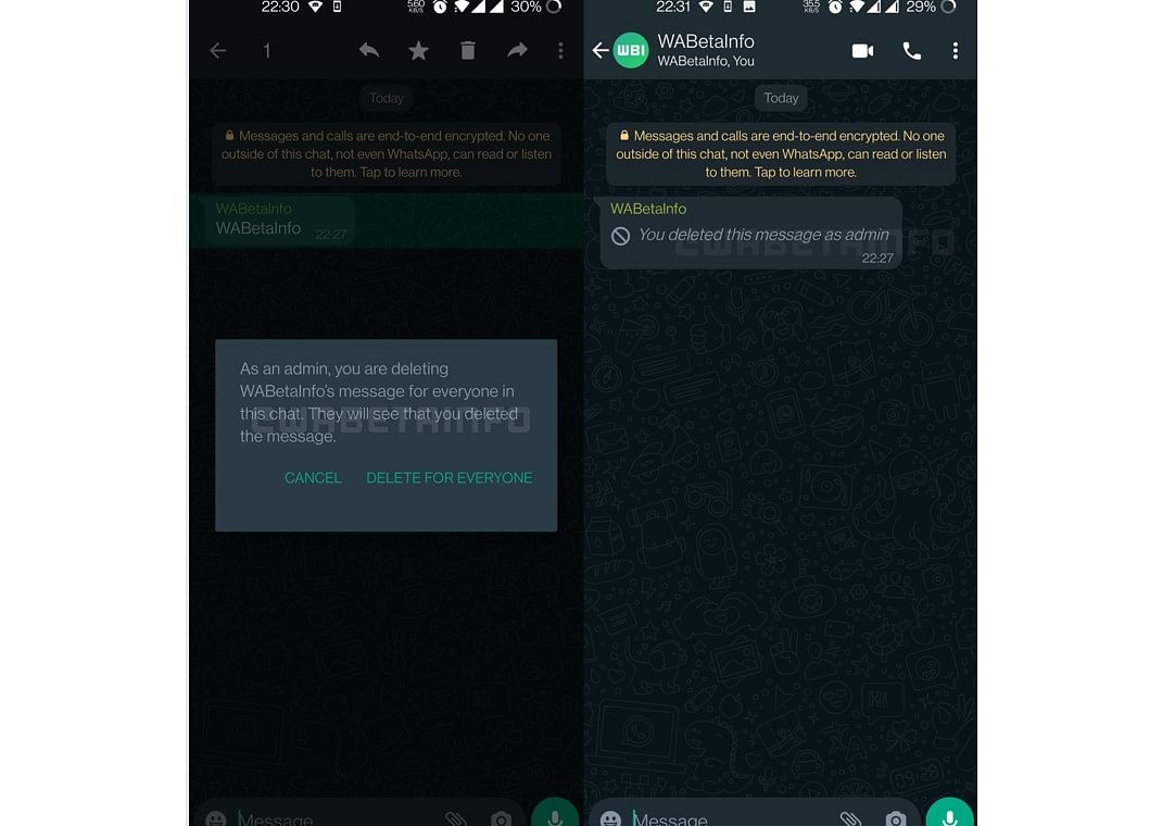 Admin gets option to delete messages in the group chat. Credit: WABeta Info