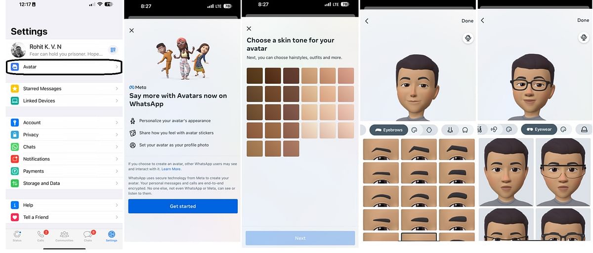 Steps to create Avatar on the WhatsApp messenger app. Credit: DH Photo/KVN Rohit