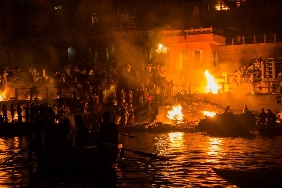 Manikarnika Ghat in Varanasi is one of the sacred riverfronts.It’s believed that a dead person’s soul attains salvationand breaks the cycle of rebirth when cremated here.