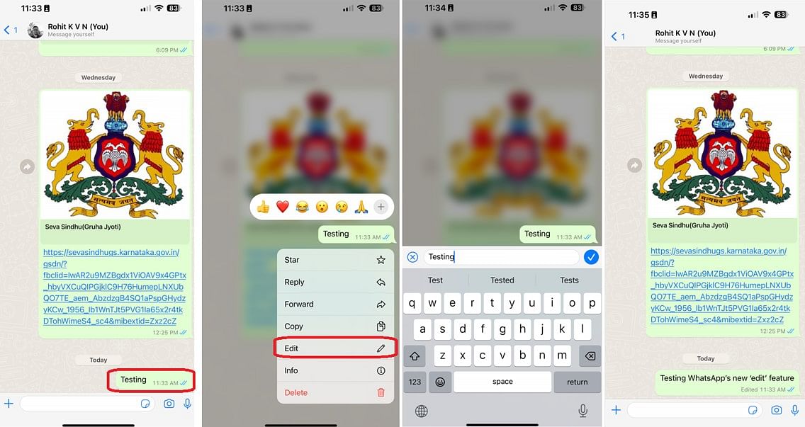 Steps on how to edit sent messages on WhatsApp. Credit: DH Photo/KVN Rohit