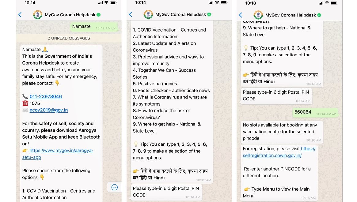 MyGov Corona Helpdesk chatbot on WhatsApp. Credit: DH Photo/KVN Rohit