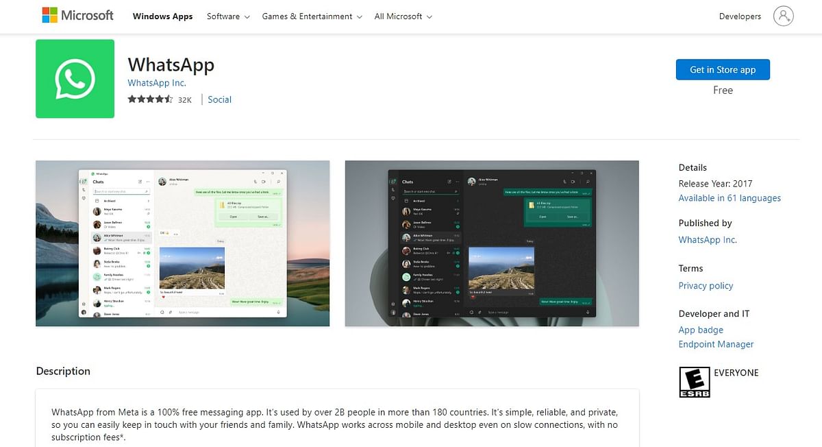 WhatsApp now available on Windows Store (screengrab)