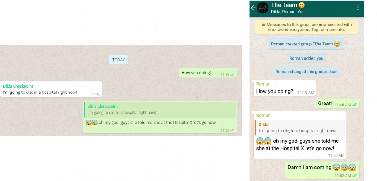 WhatsApp text manipulation test; Picture credit: Check Point Research paper