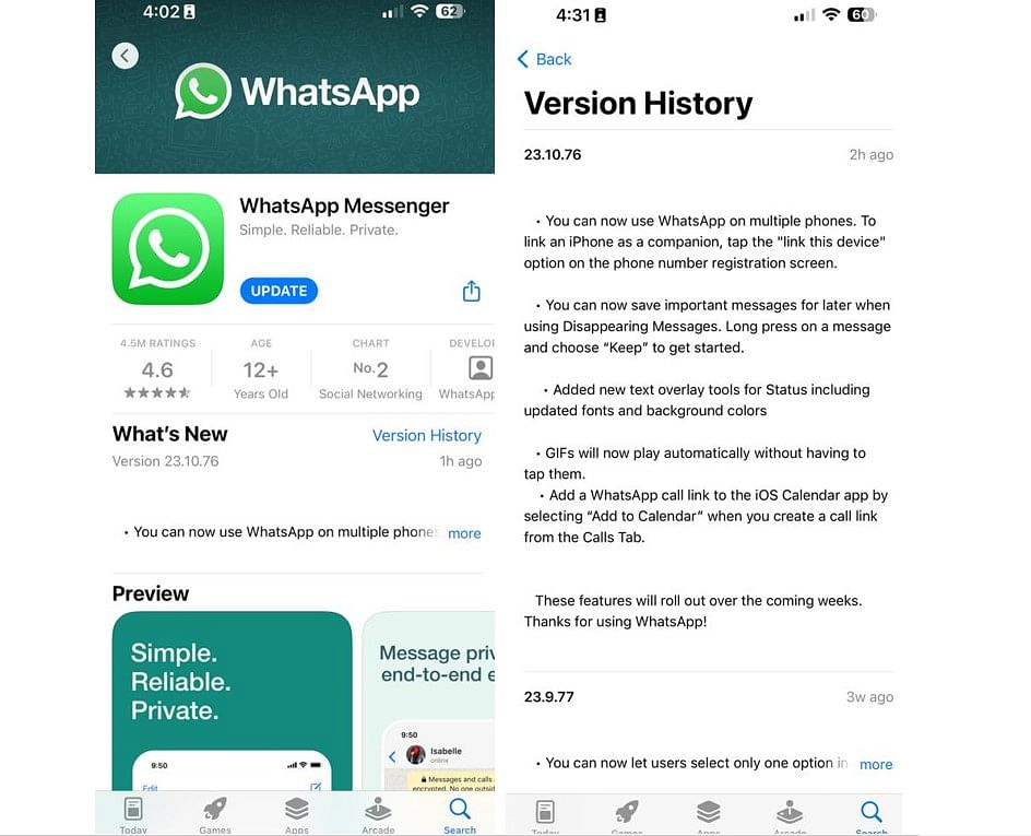 WhatsApp update brings multi-phone support iPhones (screengrab)