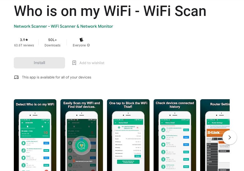 Who is on my WIFI- network scanner app on Google Play Store (screengrab)