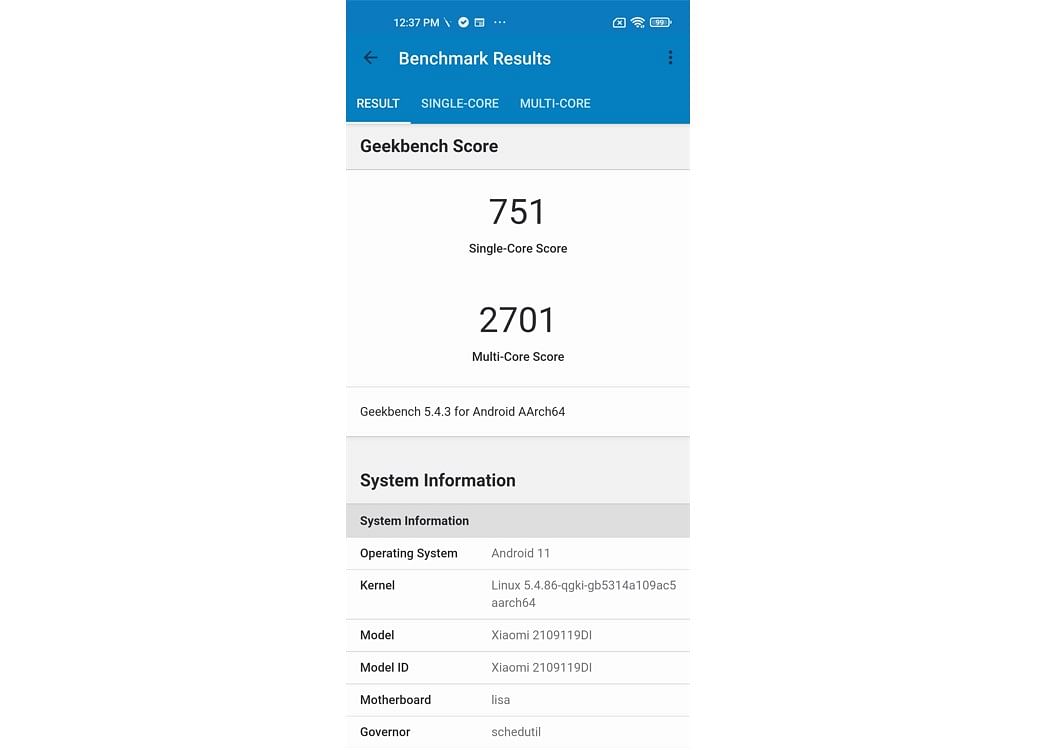 Xiaomi 11 Lite NE 5G's score on Geekbench performance testing app.