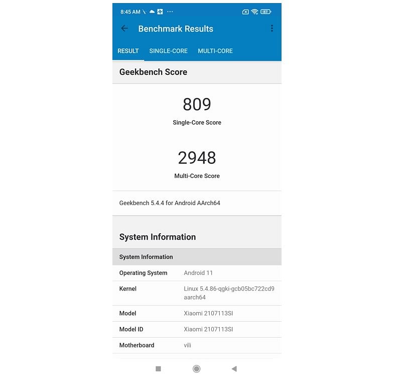 Xiaomi 11T Pro's performance-- multi-core and single-core tests' benchmark score on Geekbench 5.0. Credit: DH Photo/KVN Rohit