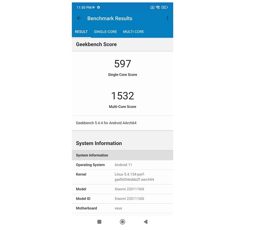 Xiaomi Redmi Note 11 Pro+ 5G's single-core and multi-core tests on Geekbench 5.0 performance testing app. Credit: DH Photo/KVN Rohit