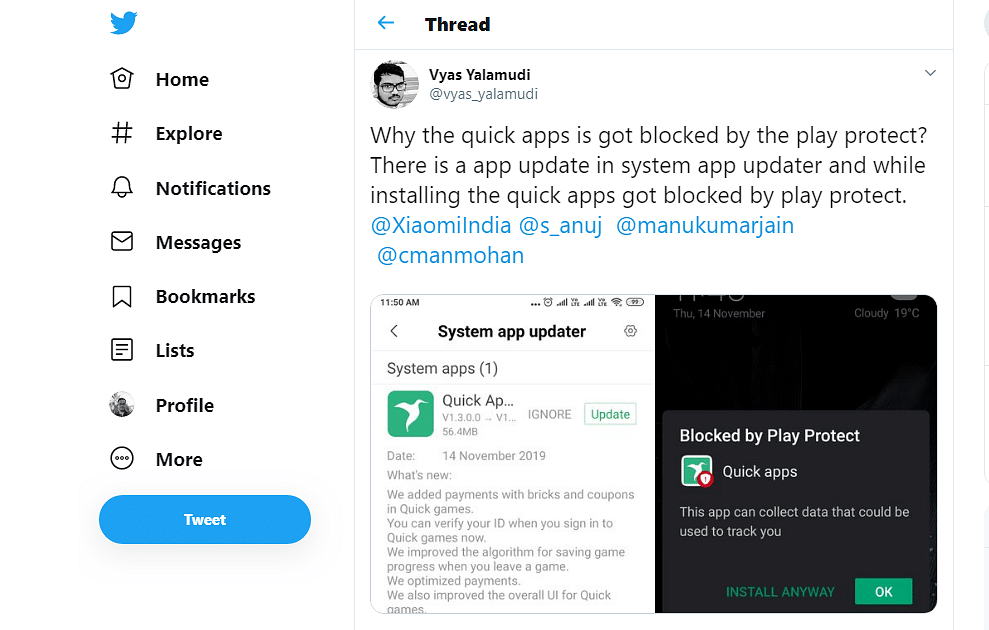 Xiaomi phone owner complaining about Quick App blocked by Google Play Protect (Vyas Yalamudi/ Twitter)