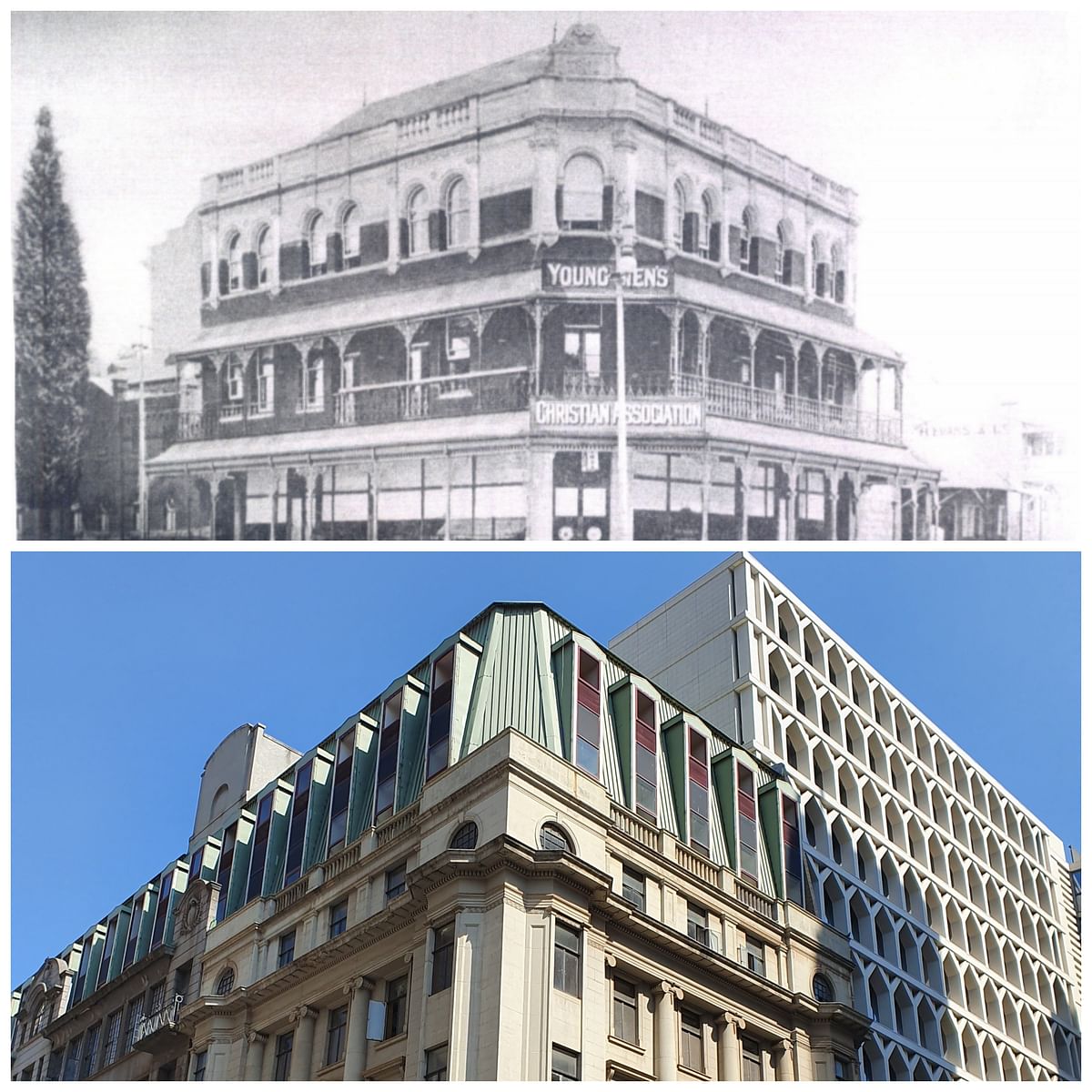 The first image features the YMCA building in Johannesburg where Gandhi gave his speech in 1908.The second image depicts a new building that has come up at the same spot. Source: Johannesburg Heritage Foundation