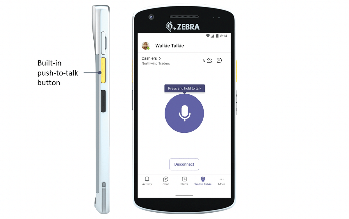 Zebra branded phones come with a dedicated push-to-talk feature button. Credit: Microsoft