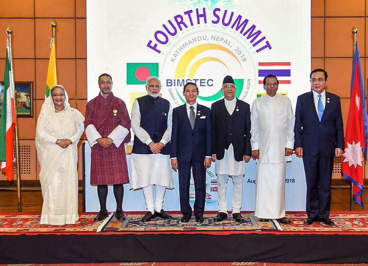 Prime Minister Narendra Modi and other BIMSTEC leaders in a group photograph during the 4th BIMSTEC Summit,in Kathmandu, Nepal on Friday, Aug 31, 2018. (PIB Photo via PTI)