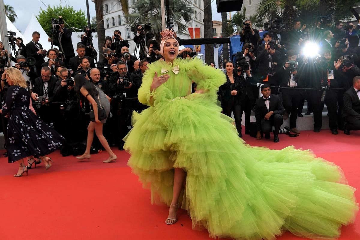 Actress Deepika Padukone arrives for the screening of ‘Dolor Y Gloria (Pain and Glory)’ atthe 72nd edition of the Cannes Film Festival in Cannes, France, on May 17. AFP