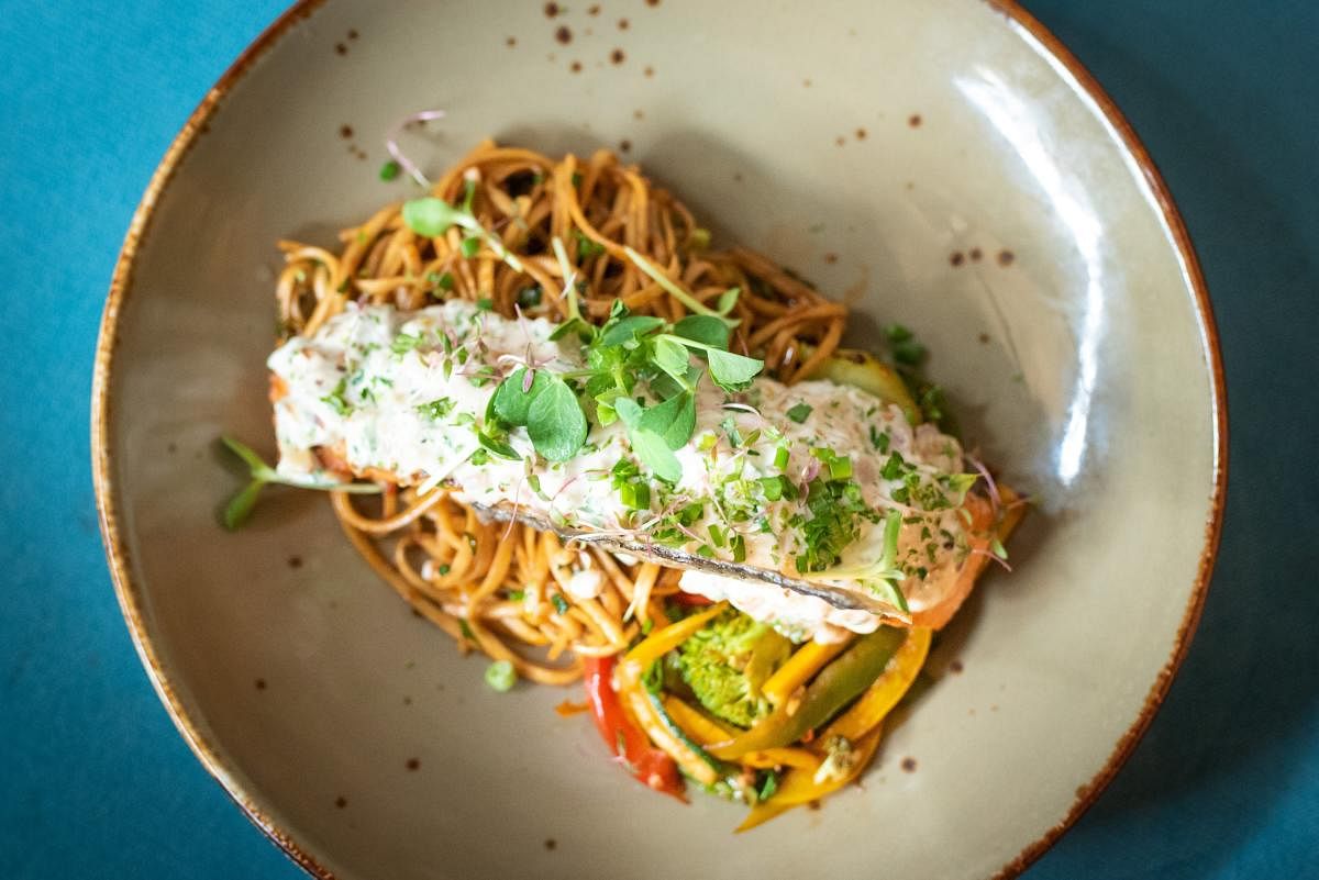 Creamy Salmon with Crispy Skinand Udon Noodles