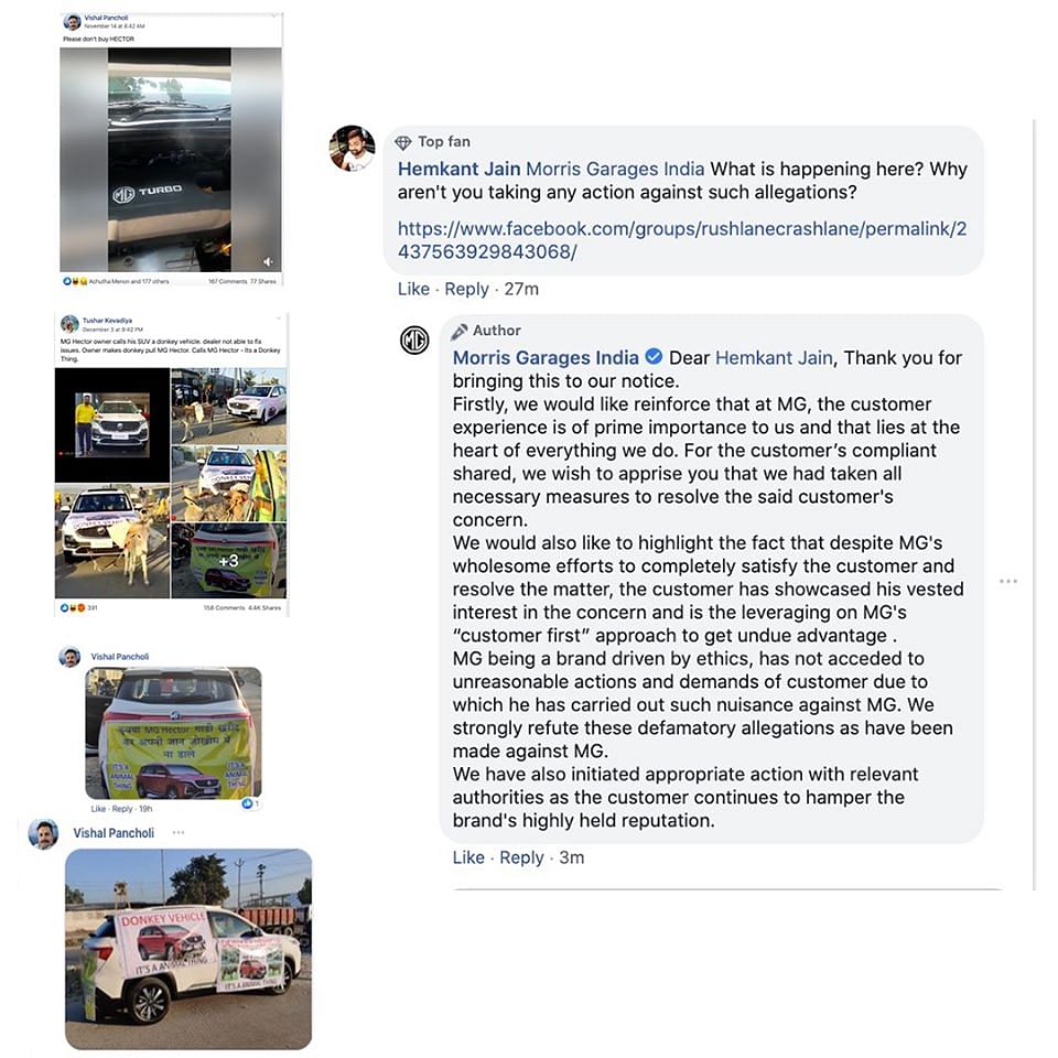 A screengrab of MG Motor India's response. (Facebook/Hemkant Jain)