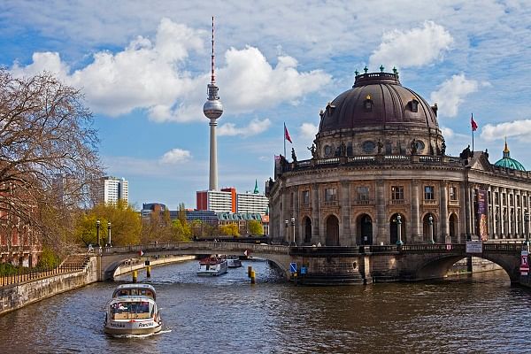 Bode Museum on Museum Island in River Spree, with the TV Tower in the background