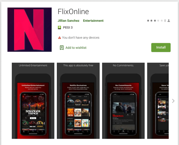 Malware-laced FlixOnline app on Google Play Store. Picture credit: Check Point Research team