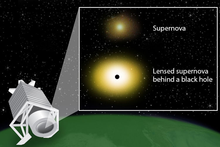 A supernova explosion of a massive star appears brighter to an observer on Earth if a black hole sits between the explosion and the observer. The black hole’s gravity distorts the path of light emitted by the supernova, acting as a lens that magnifies the light. (APS/Carin Cain image)