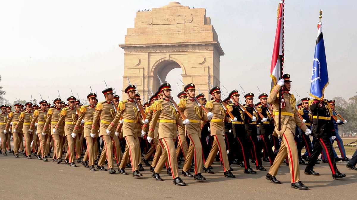 A contingent of the Egyptian Military marches past during the full dress rehearsal of the Republic Day Parade 2023, at Kartavya Path in New Delhi, Monday, Jan. 23, 2023. Credit: PTI Photo