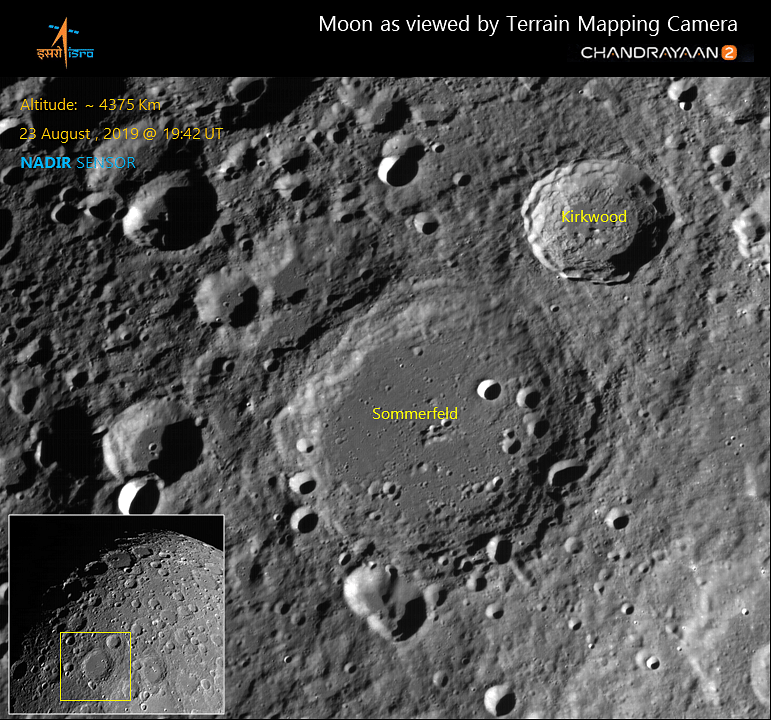 Lunar surface imaged by Terrain Mapping Camera 2 (TMC-2) on 23rd August 2019 at an altitude of ~4375 km showing impact craters such as Sommerfeld and Kirkwood.