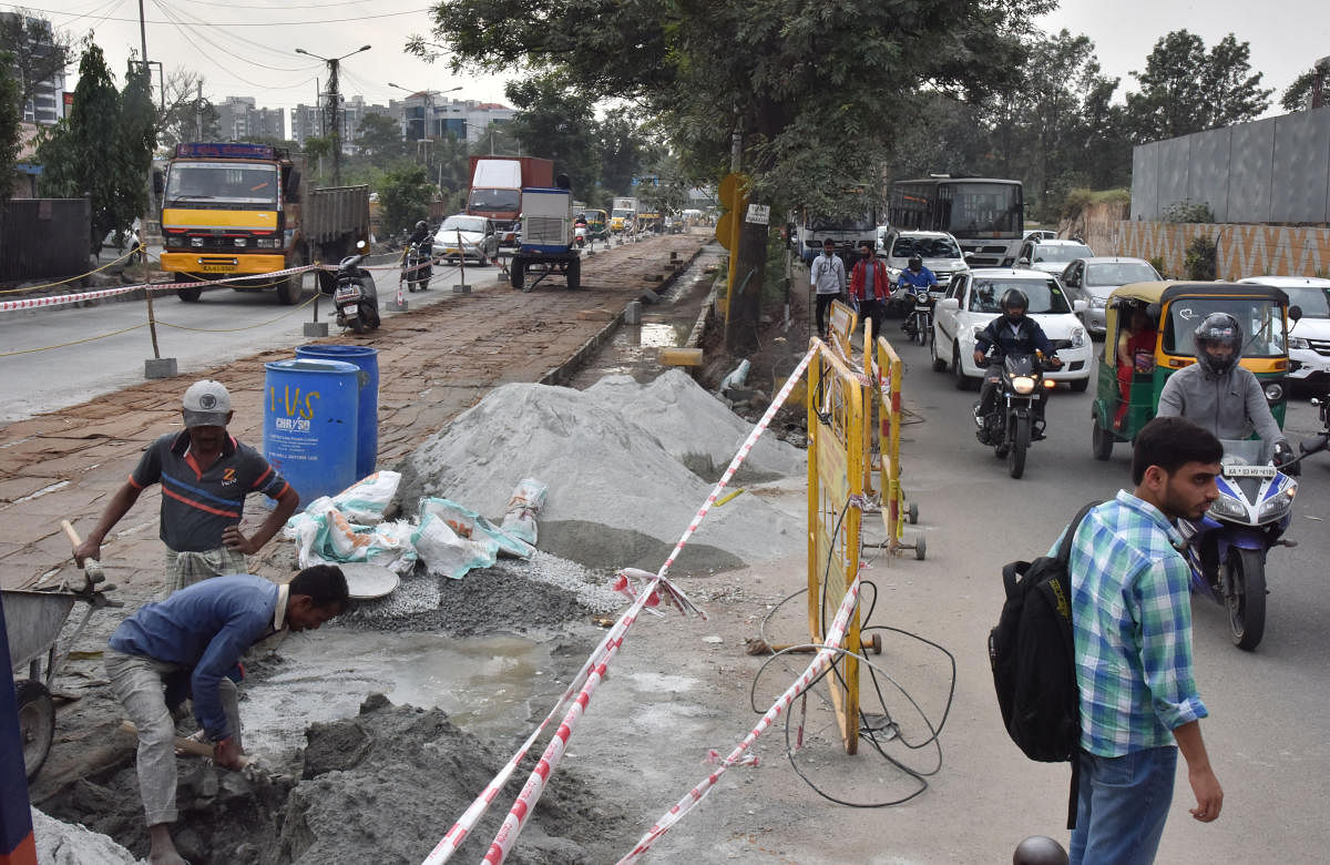 ‘White-topping’ work on the Outer Ring Road near Manyata Tech Park triggers massive traffic jams every day.
