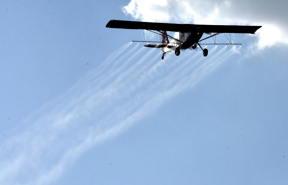 Organic disinfectants will be aerially sprayed over highly populated areas of the city. The project was launched at the Jakkur aerodrome on Saturday. DH Photo/Janardhan B K