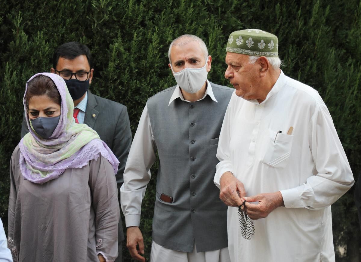 Gupkar Alliance members Farooq Abdullah, Mehbooba Mufti, Omar Abdullah and others at a press conference in Jammu on November 7. PTI