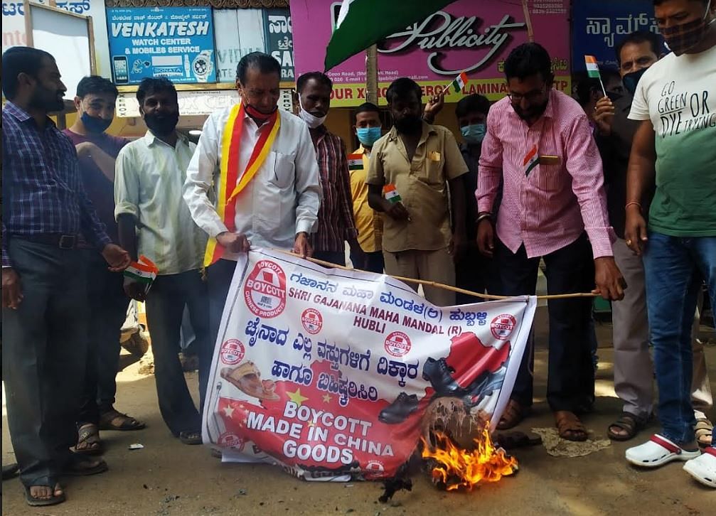 People hold protest against China made products in Hubballi