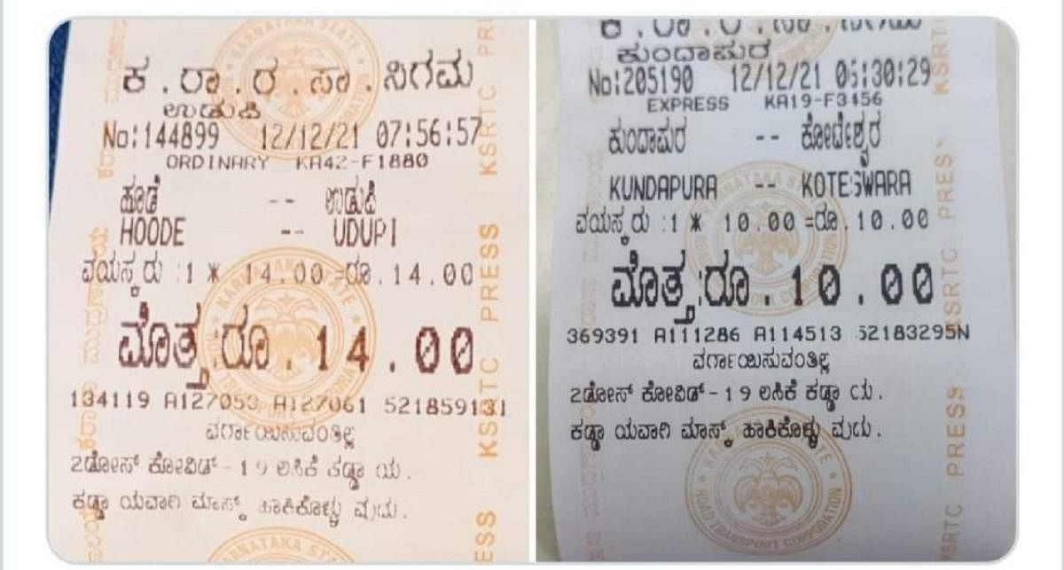 Vaccination messages on bus tickets in Udupi