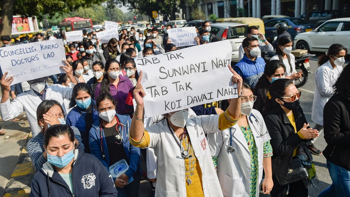 NEET-PG counselling: Resident doctors of Delhi protest outside Nirman Bhawan, raise slogans
