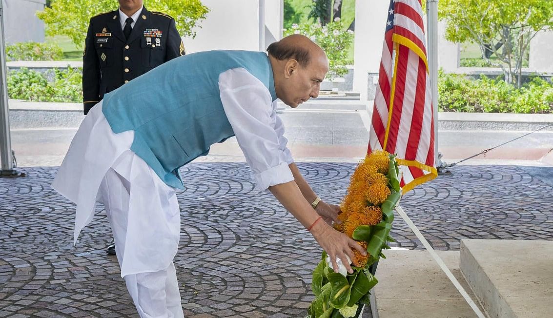 Defence Minister Rajnath Singh pays tribute to Mahatma Gandhi in Hawaii