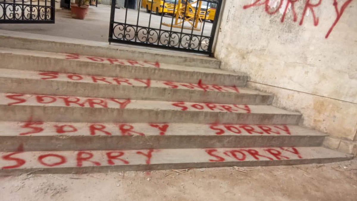 'Sorry' painted in red, bold letters all over Bengaluru school, on streets