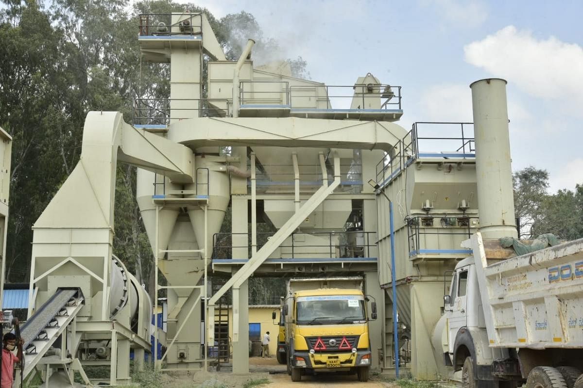 The hot-mix plant set up by the BBMP to supply asphalt for filling up potholes in various parts of the city.