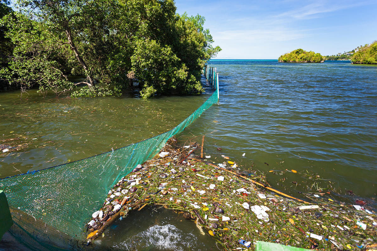 Garbage in the sea. Global pollution problem microplastic