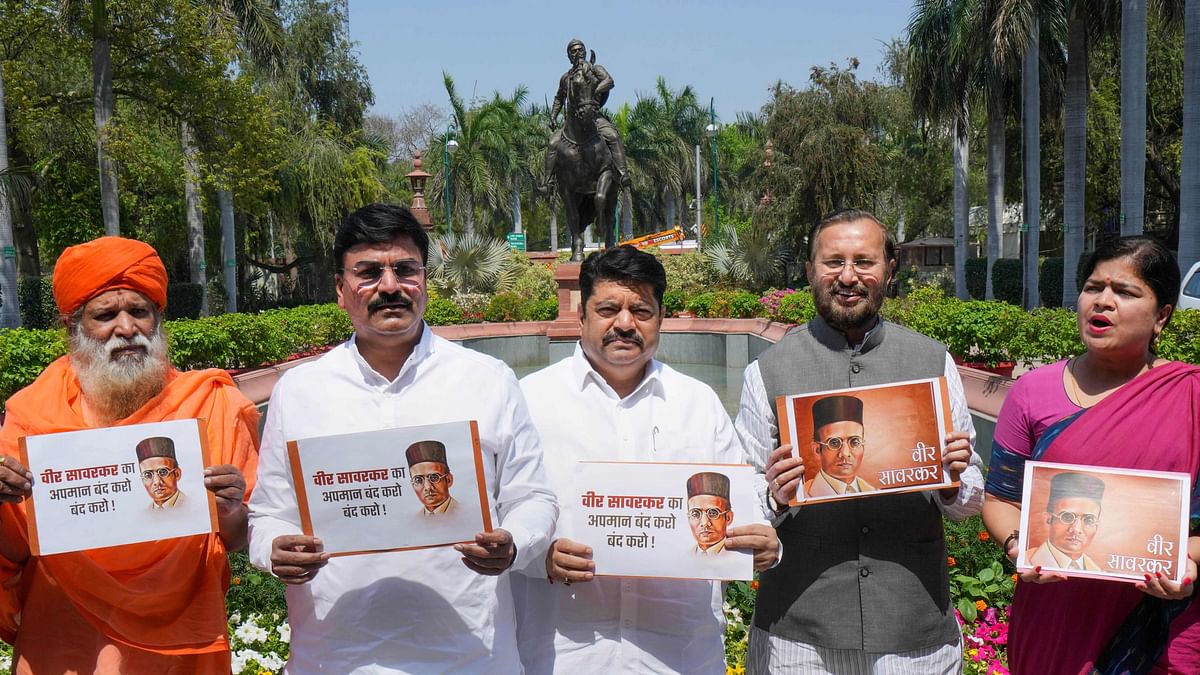 Ahead of Savarkar Yatra, Maharashtra CM, Dy CM, other leaders of ruling combine use his image as social media DP