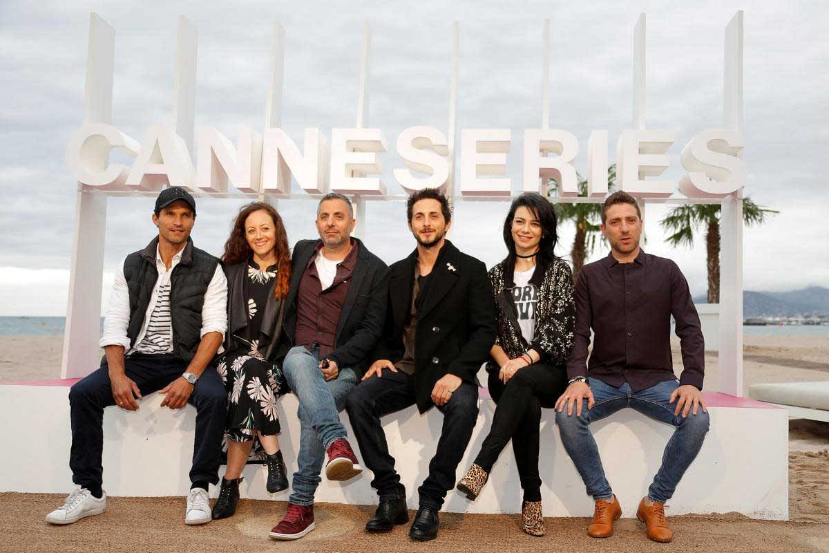Cannes International Series Festival 2018: Cast member Dan Mor (L), director Omri Givon (3rdL) and cast members Tomer Kapon (3rdR), Ninet Tayeb (2ndR), Moshe Ashkenazi (R) pose during a photocall for the TV series