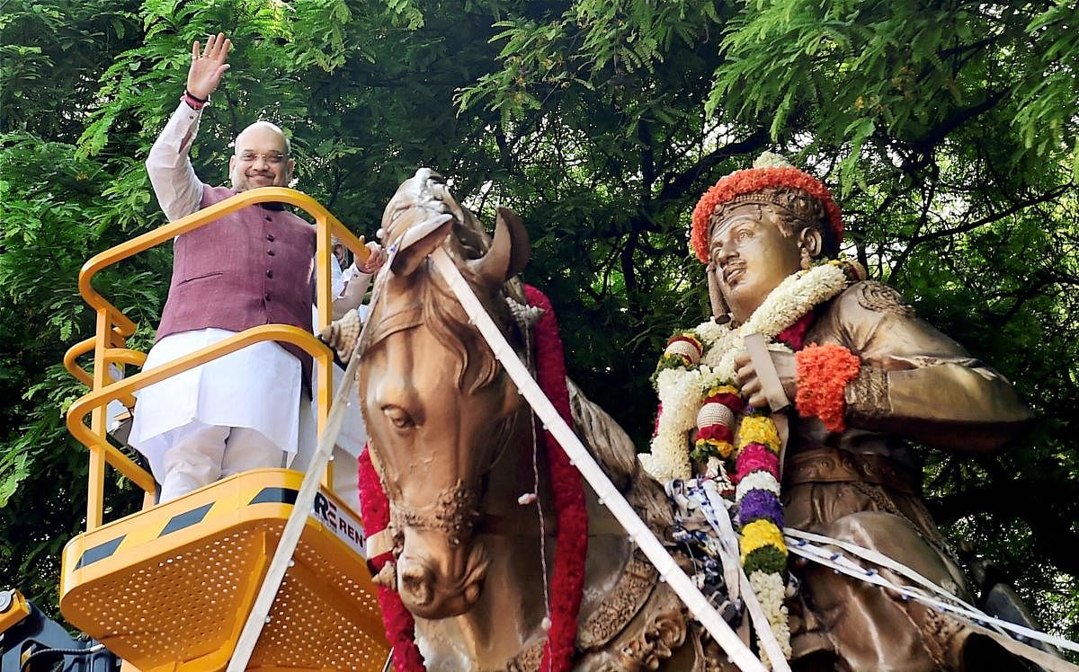 BJP National President Amit Shah offers tribute to Lord Basaveshwara on the occasion of Basava Jayanti in Bengaluru on Wednesday. Shah is in Karnataka on a two-day election campaign tour. PTI
